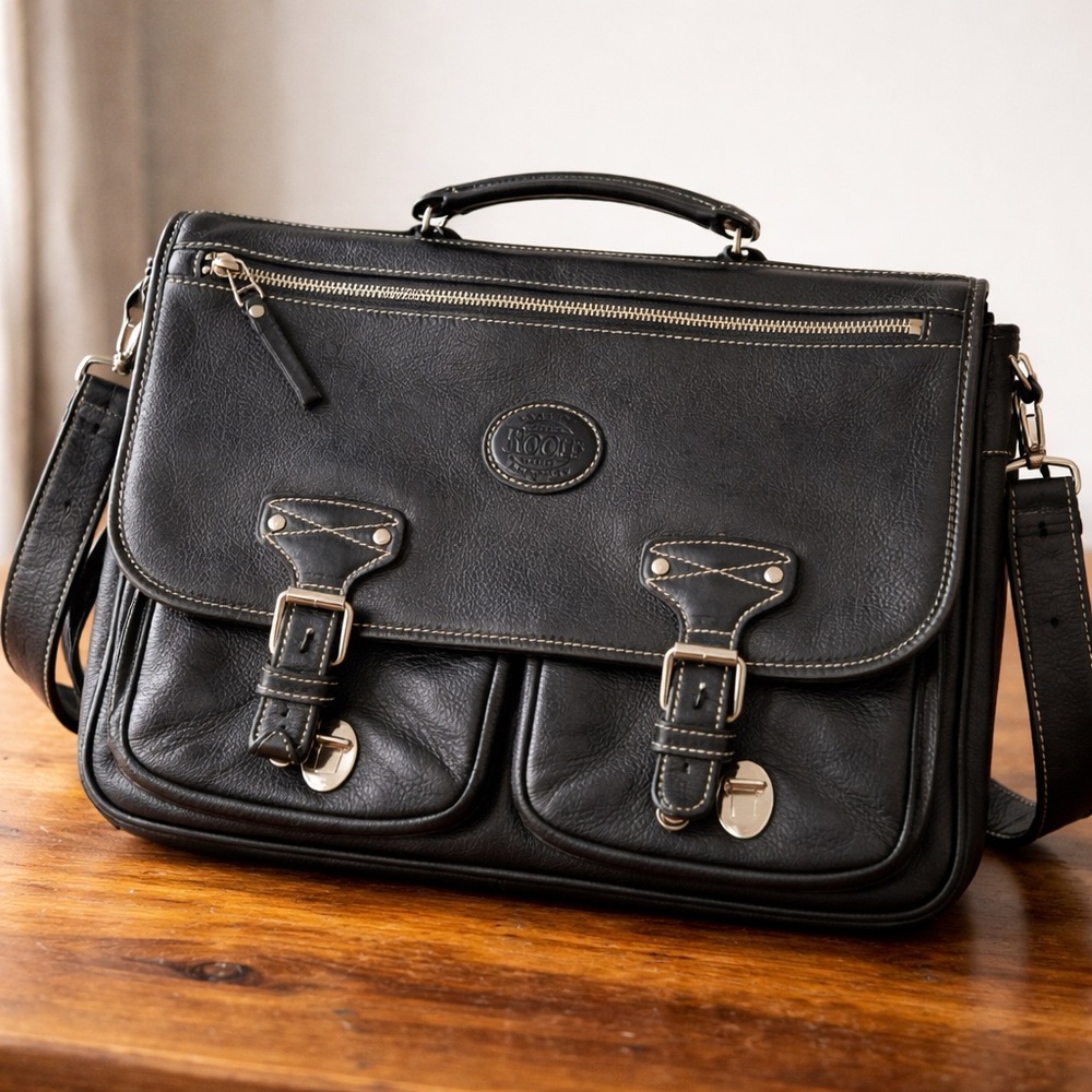 Vintage Roots Leather Messenger Bag Black Canada Made Satchel Briefcase